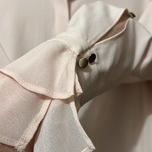 Tahari button down blouse in soft pink, long sleeve with cut outs and chiffon sl